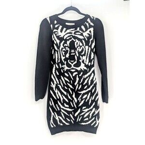 I'm In Love With Derek Black White Long Sleeve Knit Tiger Dress Size Small